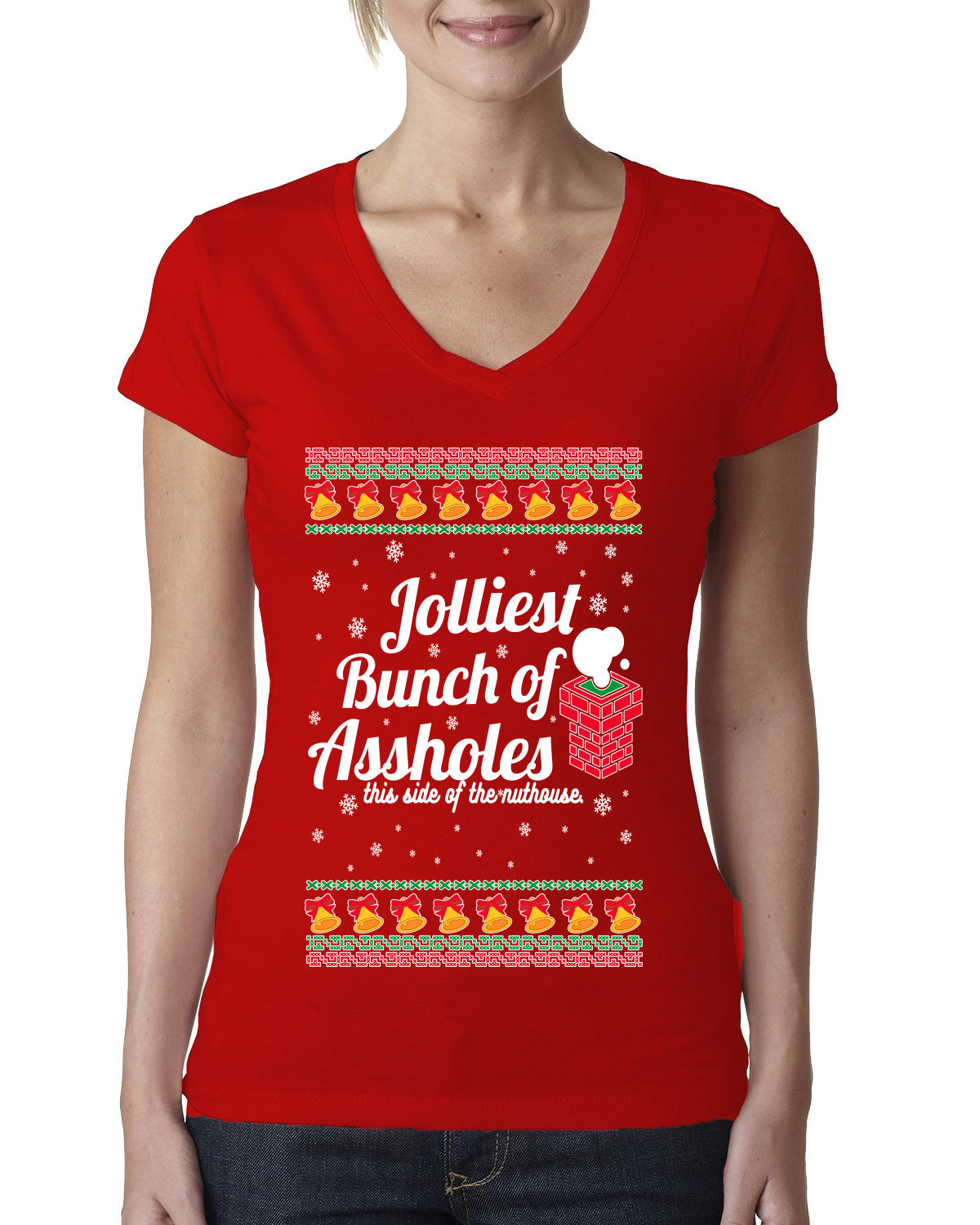 Jolliest Bunch of Assholes Xmas Movie Ugly Christmas Sweater Womens Junior Fit V-Neck Tee
