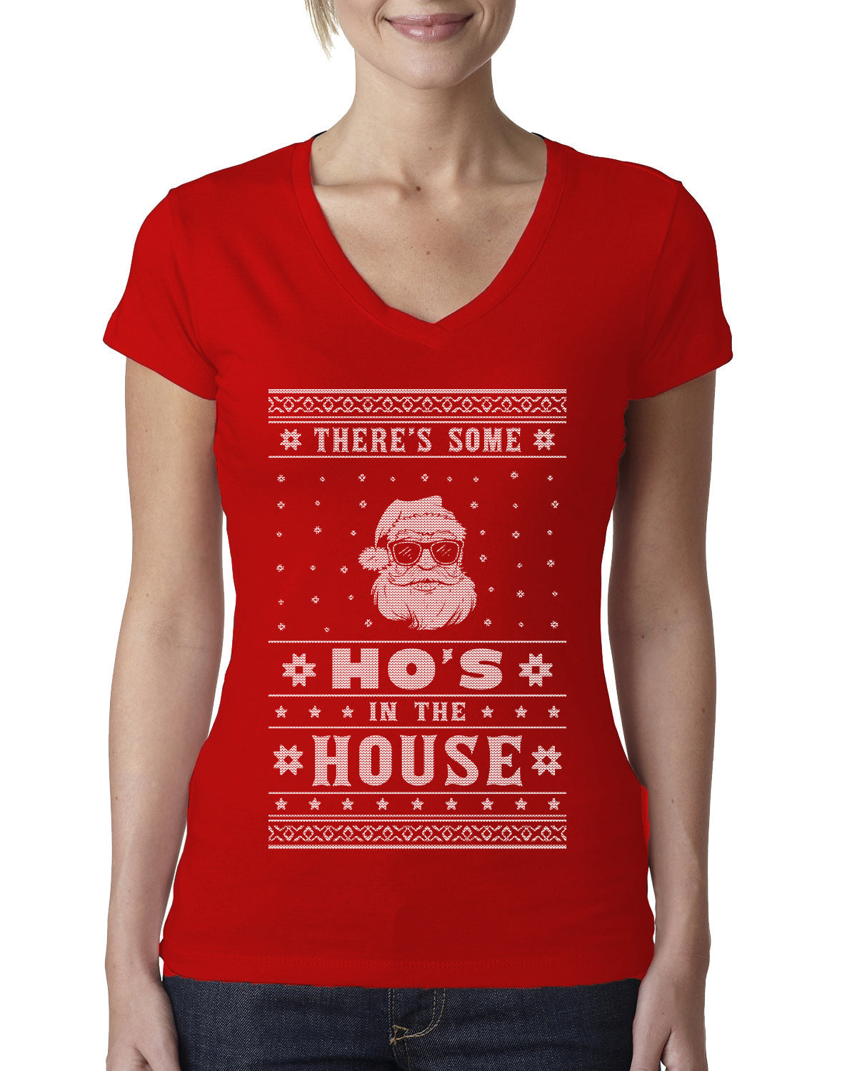 Theres Some Hos in the House Santa Ugly Christmas Sweater Womens Junior Fit V-Neck Tee