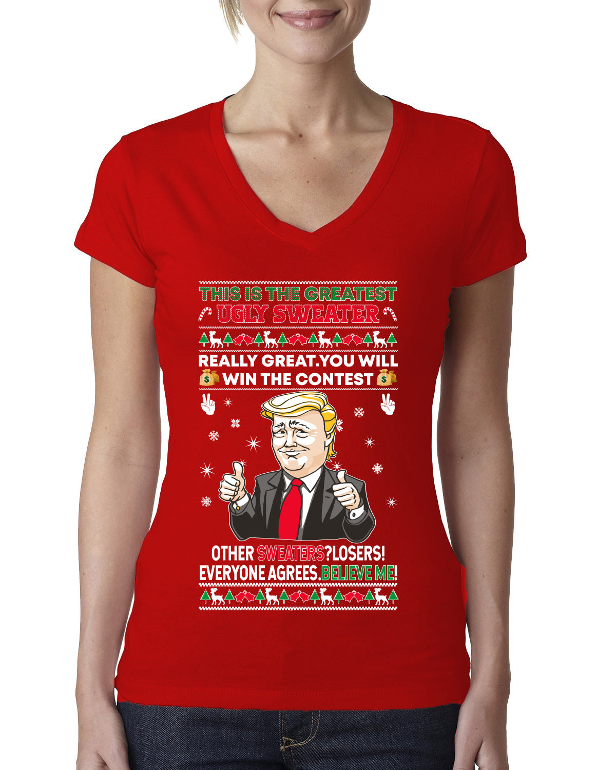 Trump This is the Greatest Ugly Christmas Sweater Womens Junior Fit V-Neck Tee