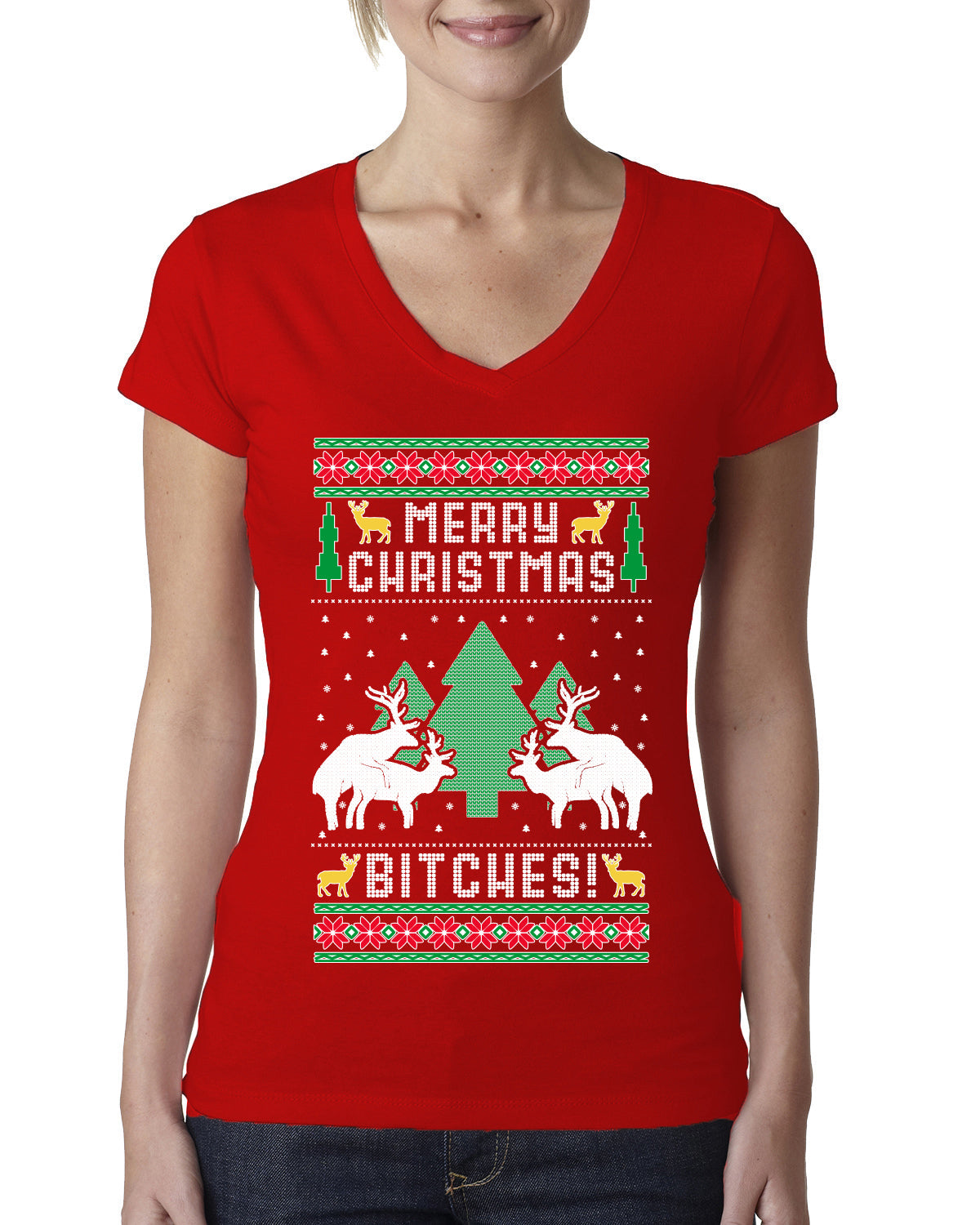 Merry Christmas Bitches Ugly Christmas Sweater Womens Junior Fit V-Neck Tee