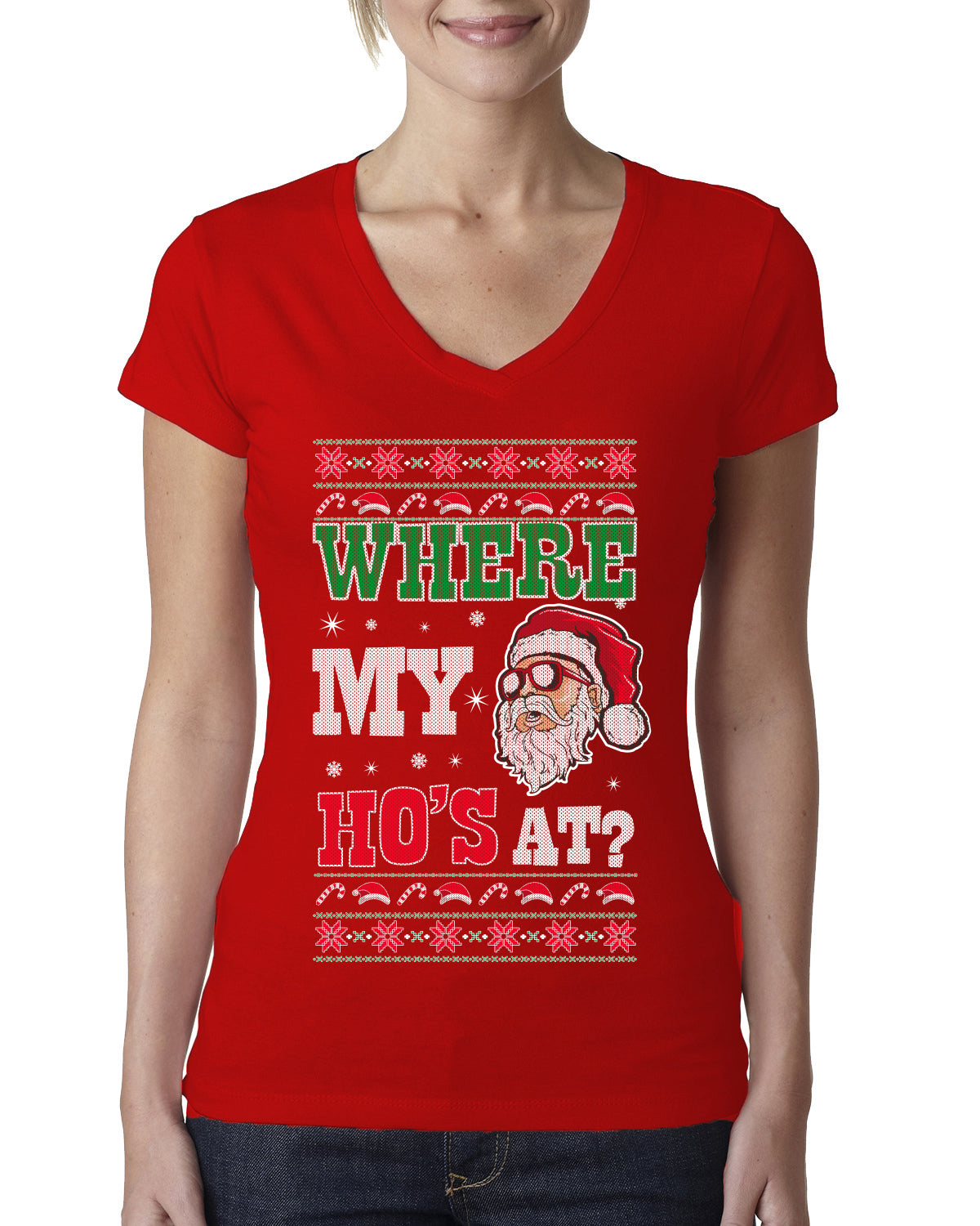 Where my Hos At Santa Funny Ugly Christmas Sweater Womens Junior Fit V-Neck Tee