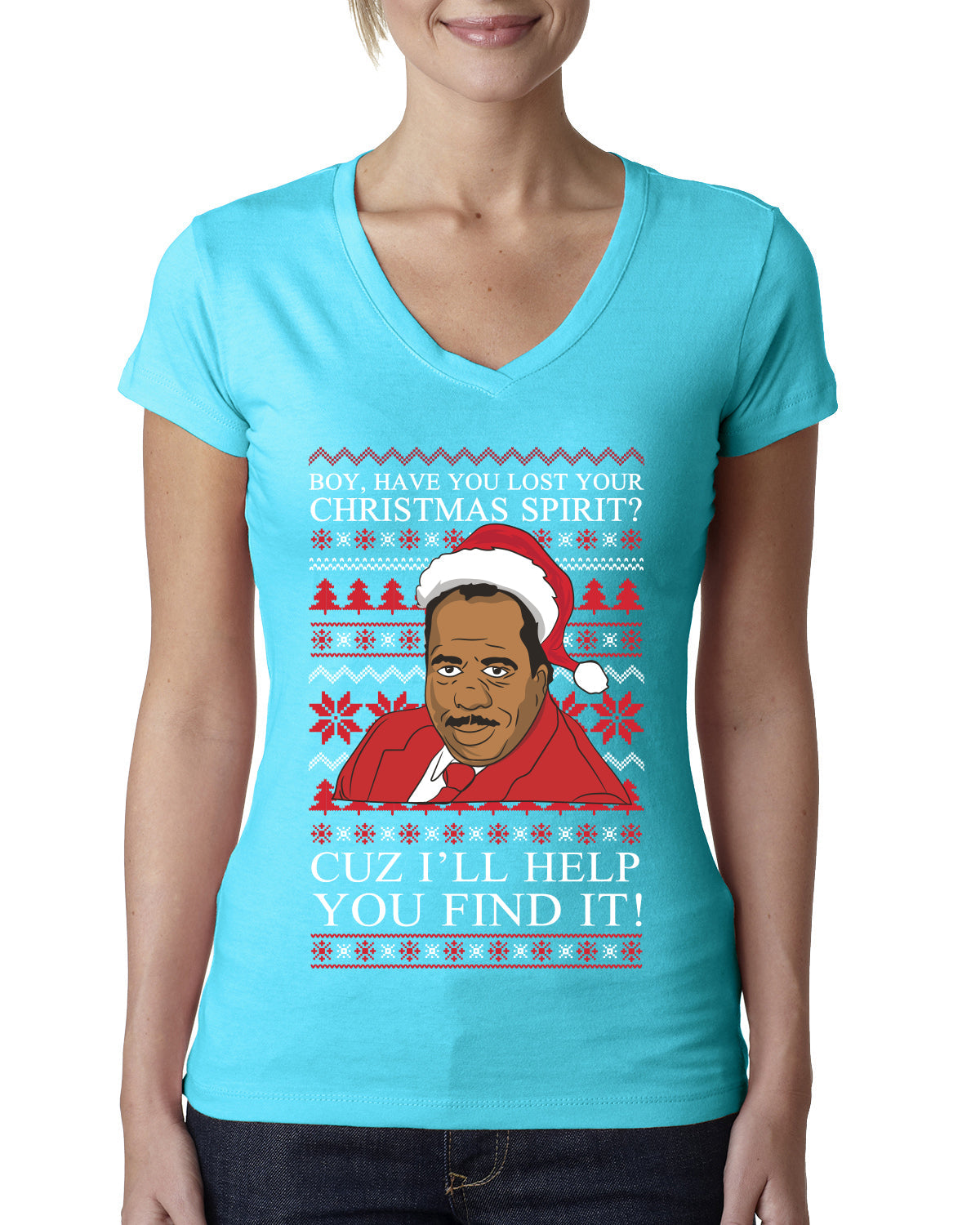 Christmas Spirit I'll Help You Find It Stanley Hudson Ugly Christmas Sweater Womens Junior Fit V-Neck Tee