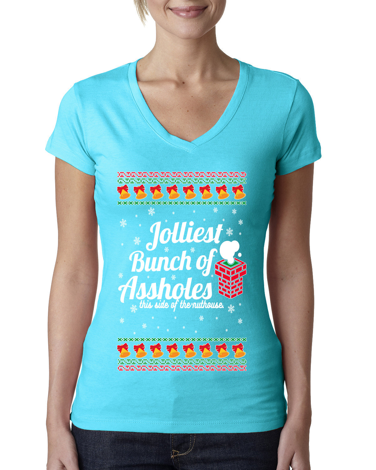 Jolliest Bunch of Assholes Xmas Movie Ugly Christmas Sweater Womens Junior Fit V-Neck Tee