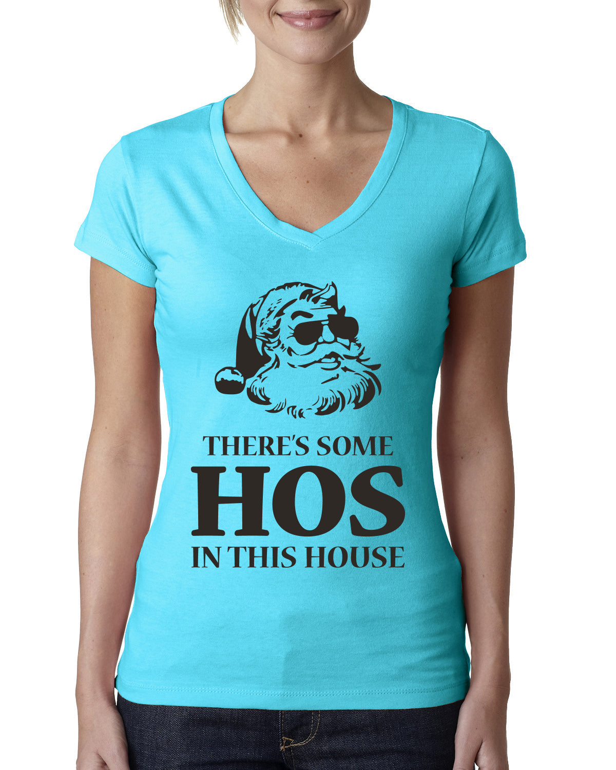 Theres some Hos in this House Ugly Christmas Sweater Womens Junior Fit V-Neck Tee