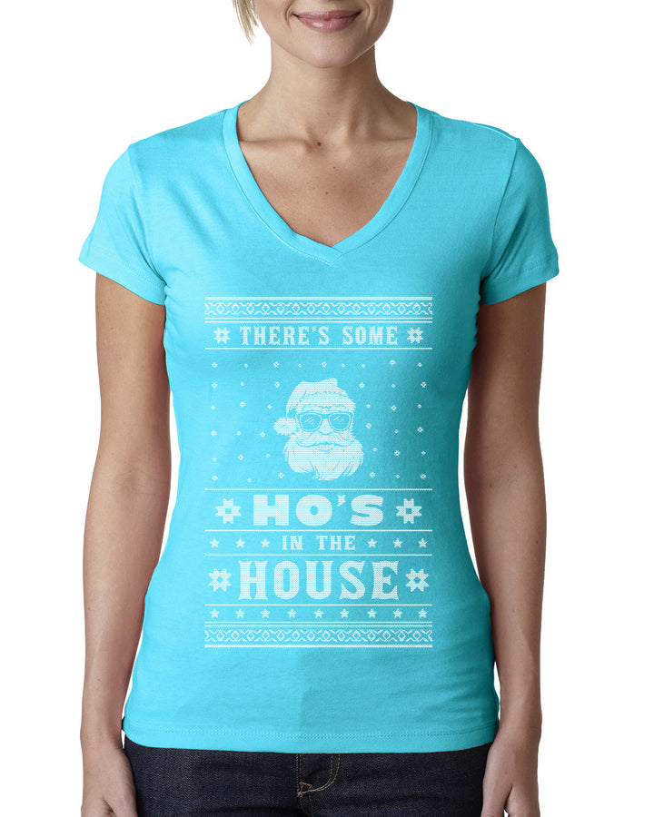 Theres Some Hos in the House Santa Ugly Christmas Sweater Womens Junior Fit V-Neck Tee