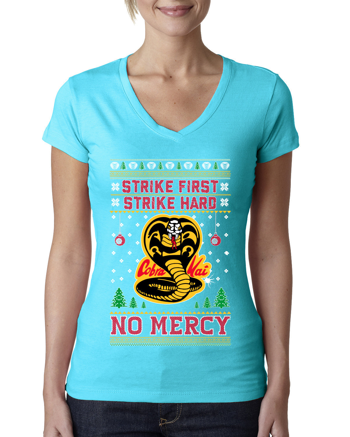 Strike First Strike Hard No Mercy Xmas Ugly Christmas Sweater Womens Junior Fit V-Neck Tee