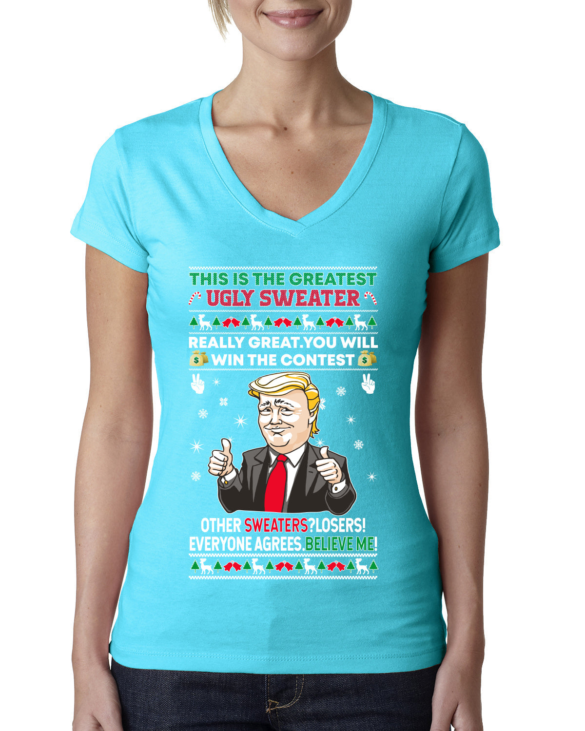 Trump This is the Greatest Ugly Christmas Sweater Womens Junior Fit V-Neck Tee