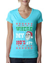 Where my Hos At Santa Funny Ugly Christmas Sweater Womens Junior Fit V-Neck Tee