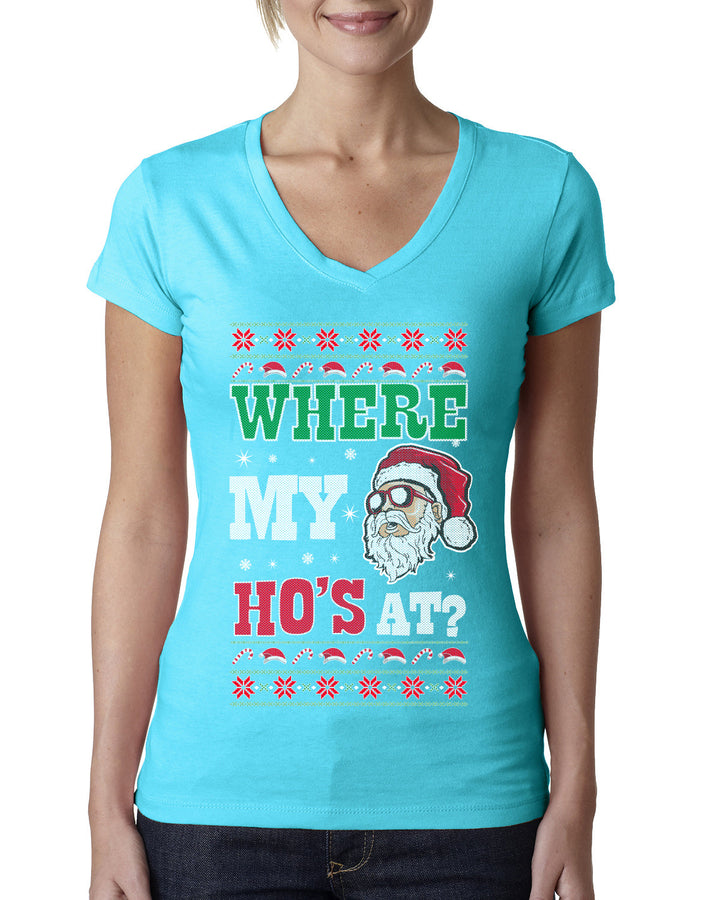 Where my Hos At Santa Funny Ugly Christmas Sweater Womens Junior Fit V-Neck Tee