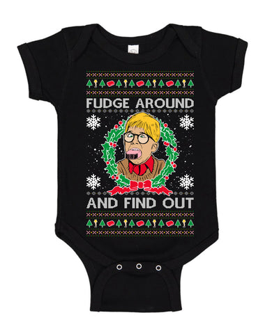 Fudge Around And Find Out Story Ugly Christmas Sweater Baby Creeper Boys Girls Infant Bodysuit
