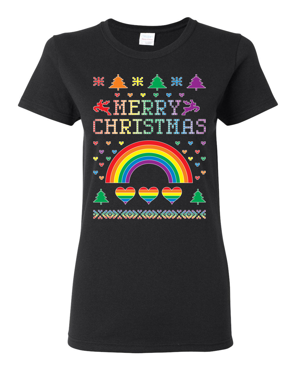 Merry Christmas Rainbow Hearts Womens Graphic T-Shirt