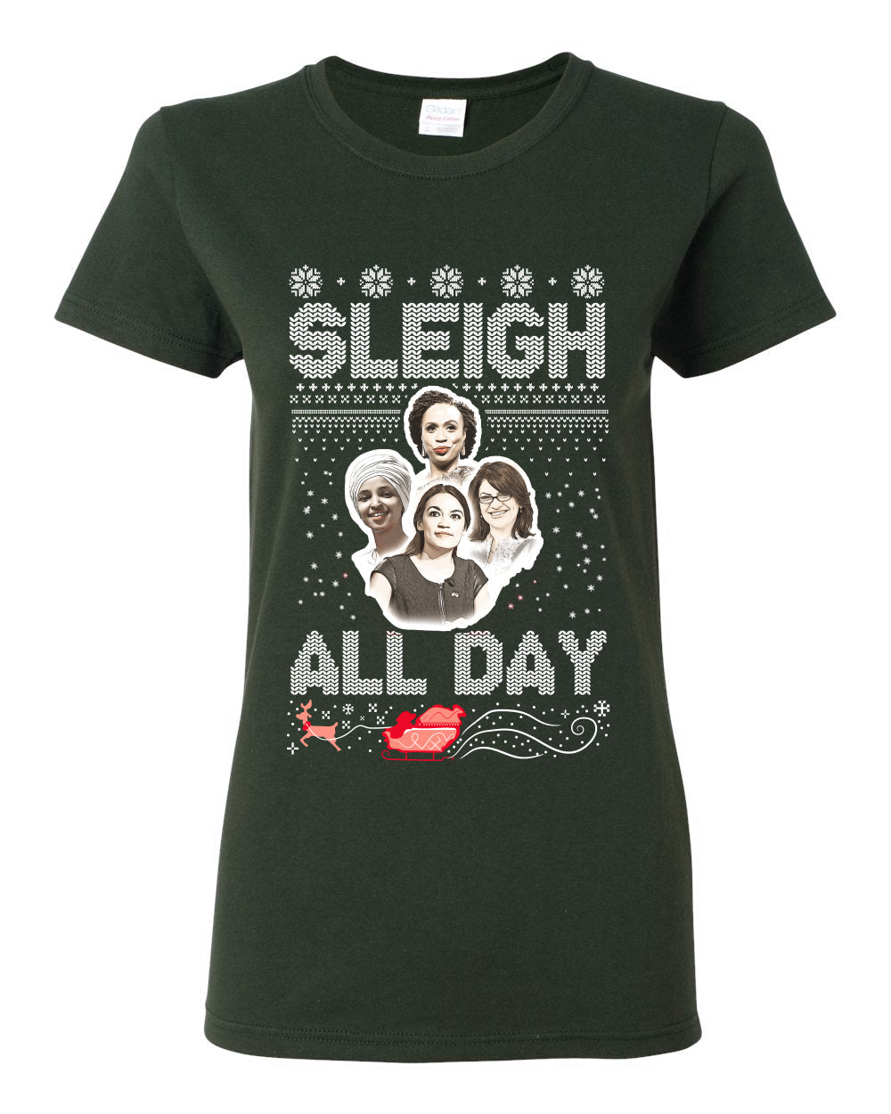 AOC The Squad Congresswomen Sleigh All Day Xmas Ugly Christmas Sweater Womens Graphic T-Shirt