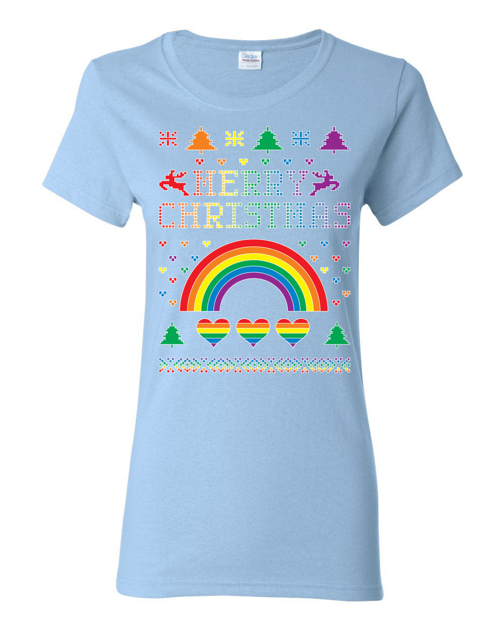 Merry Christmas Rainbow Hearts Womens Graphic T-Shirt