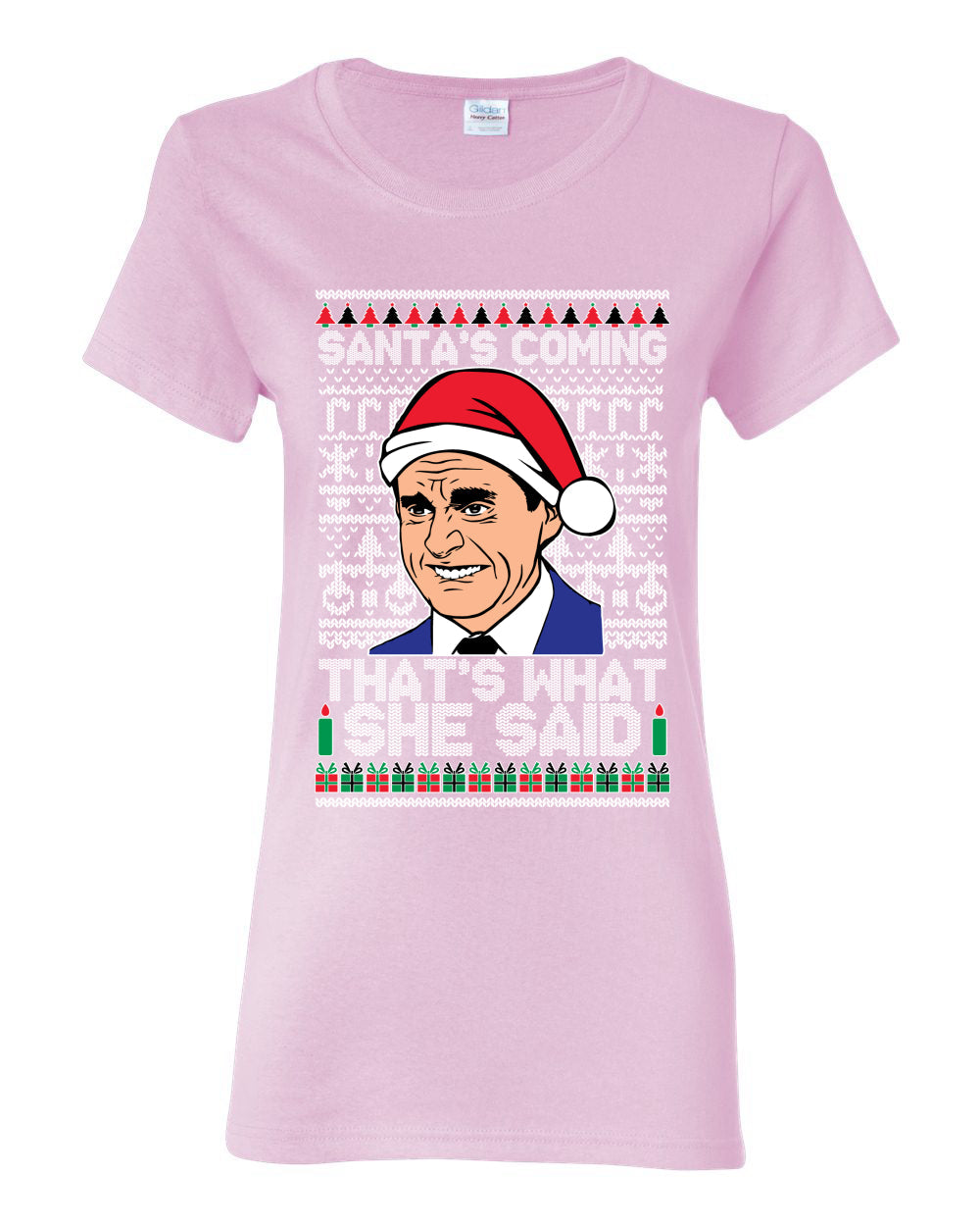 Santas Coming That's What She Said Michael Scott Ugly Christmas Sweater Womens Graphic T-Shirt