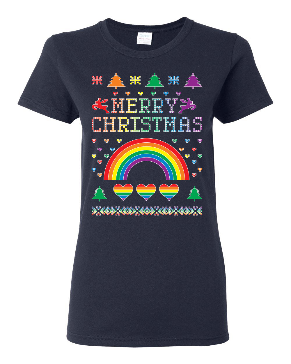 Merry Christmas Rainbow Hearts Womens Graphic T-Shirt
