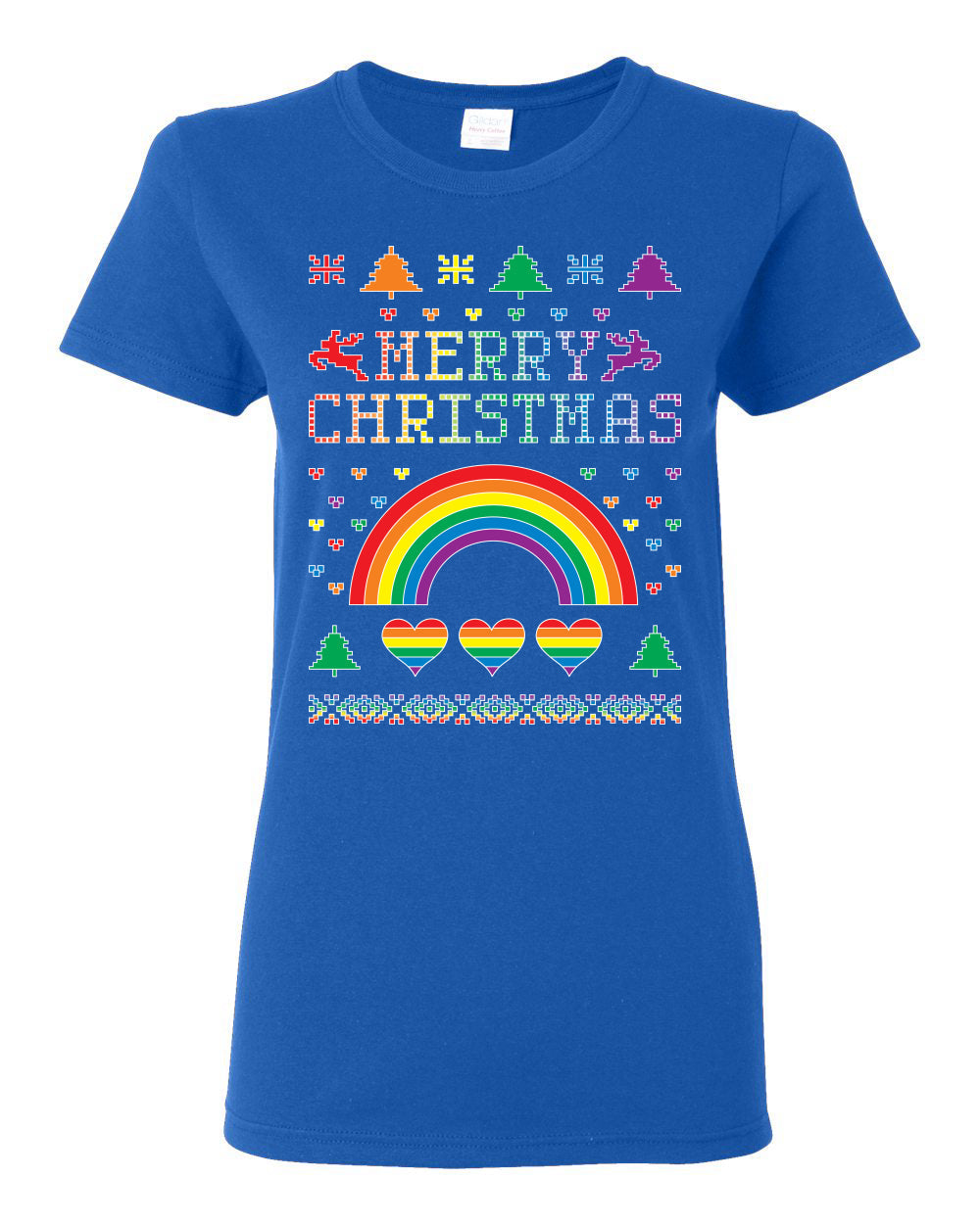 Merry Christmas Rainbow Hearts Womens Graphic T-Shirt