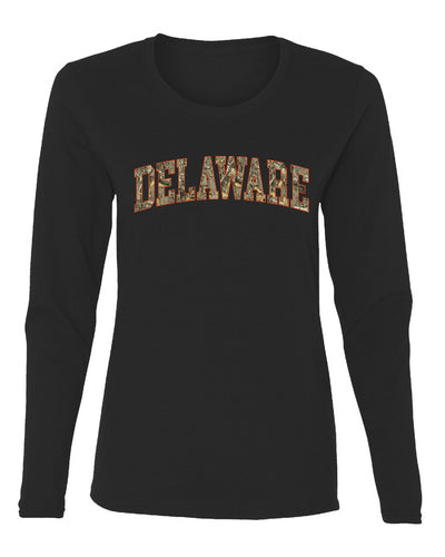 Delaware  Camo Fill Orange Outline Sweater, Womens Graphic Long Sleeve T-Shirt