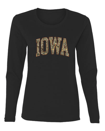 Iowa  Camo Fill Orange Outline Sweater, Womens Graphic Long Sleeve T-Shirt