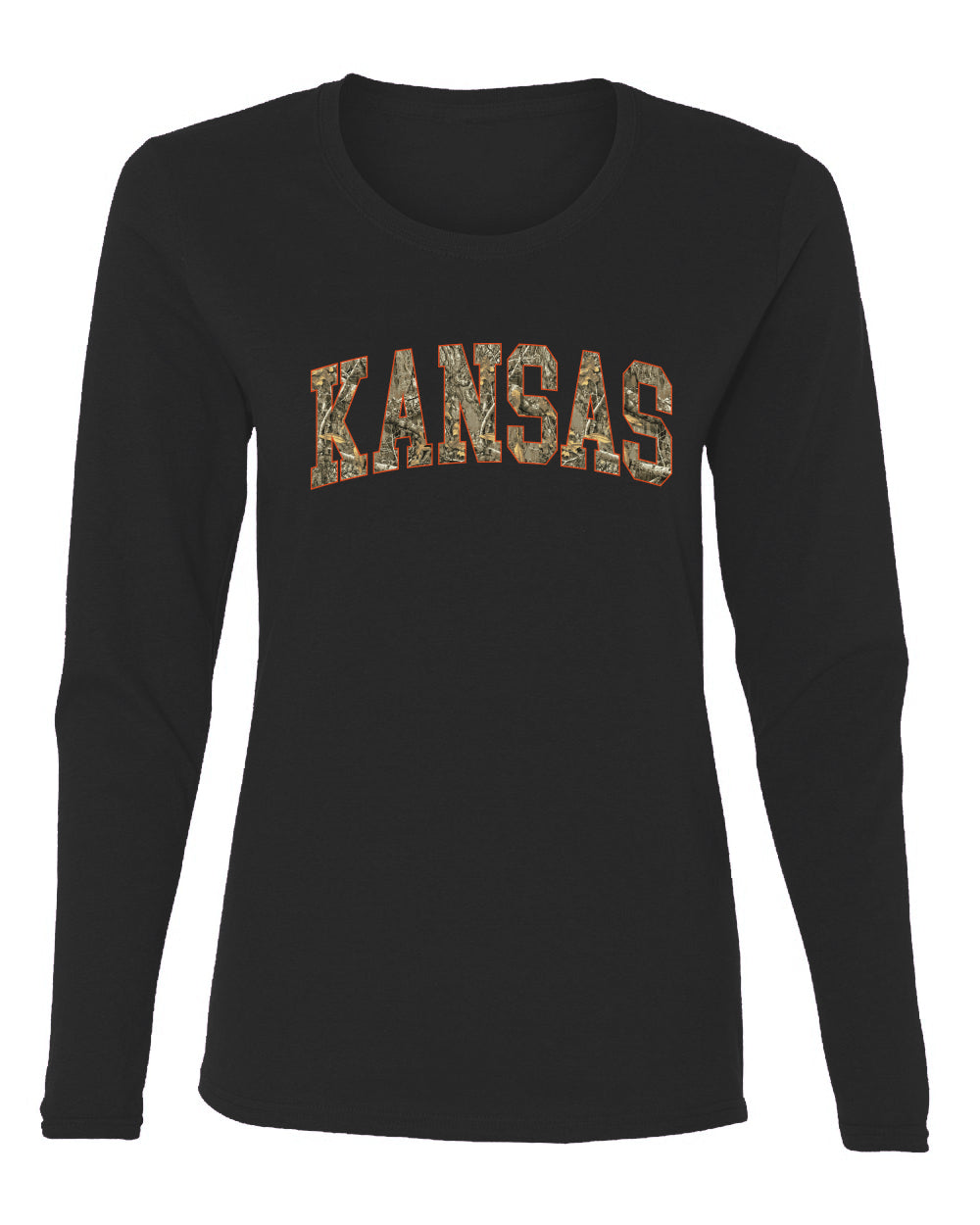 Kansas  Camo Fill Orange Outline Sweater, Womens Graphic Long Sleeve T-Shirt