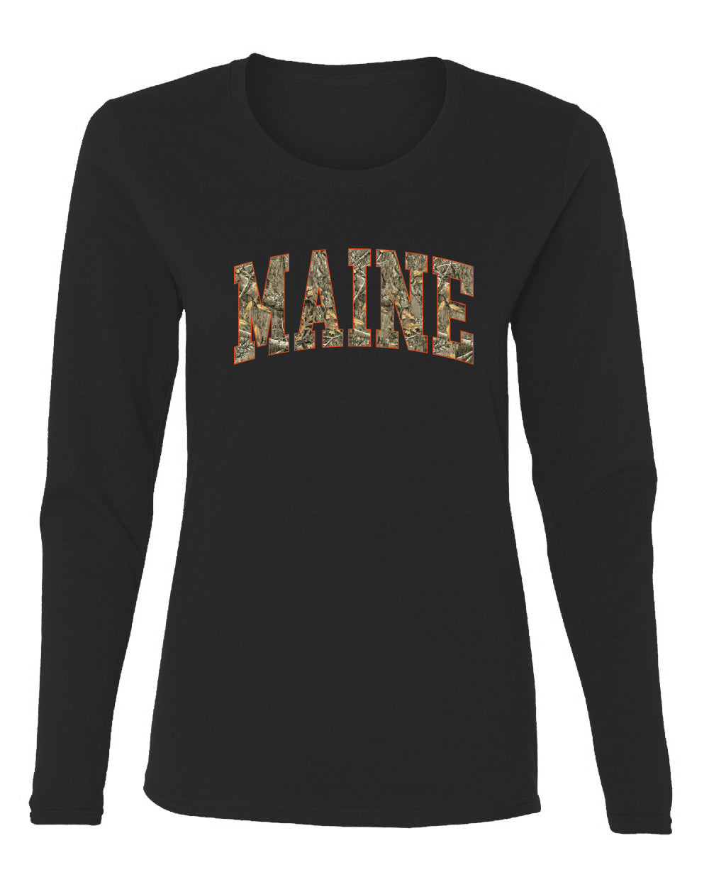 Maine  Camo Fill Orange Outline Sweater, Womens Graphic Long Sleeve T-Shirt