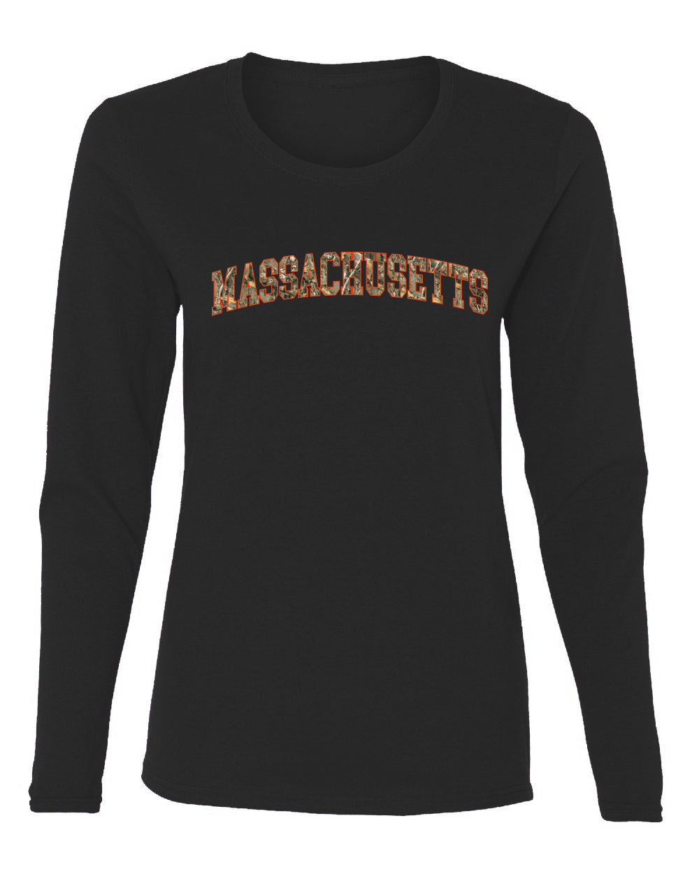 Massachusetts  Camo Fill Orange Outline Sweater, Womens Graphic Long Sleeve T-Shirt