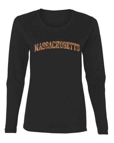 Massachusetts  Camo Fill Orange Outline Sweater, Womens Graphic Long Sleeve T-Shirt