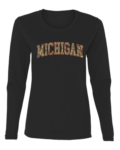 Michigan  Camo Fill Orange Outline Sweater, Womens Graphic Long Sleeve T-Shirt