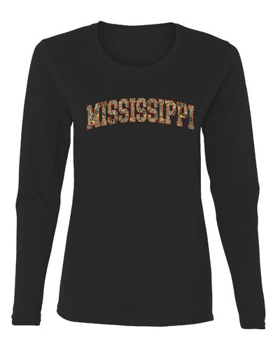 Mississippi  Camo Fill Orange Outline Sweater, Womens Graphic Long Sleeve T-Shirt