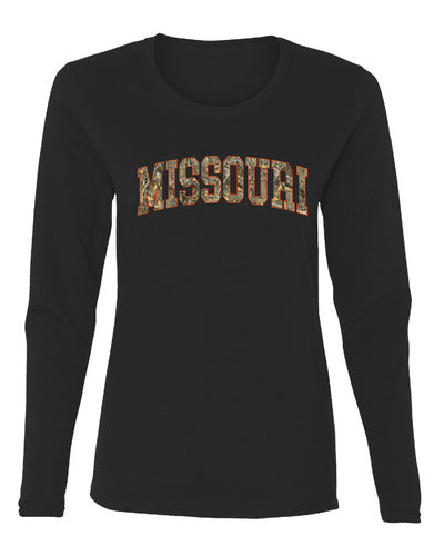 Missouri Camo Fill Orange Outline Sweater, Womens Graphic Long Sleeve T-Shirt