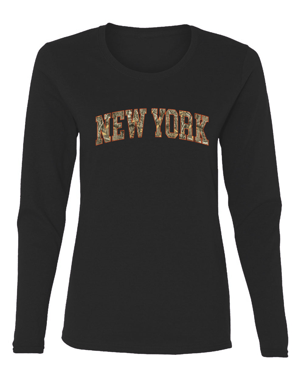 New York  Camo Fill Orange Outline Sweater, Womens Graphic Long Sleeve T-Shirt