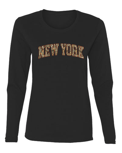 New York  Camo Fill Orange Outline Sweater, Womens Graphic Long Sleeve T-Shirt
