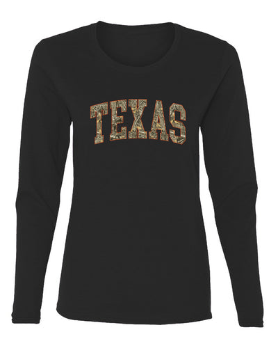 Texas  Camo Fill Orange Outline Sweater, Womens Graphic Long Sleeve T-Shirt