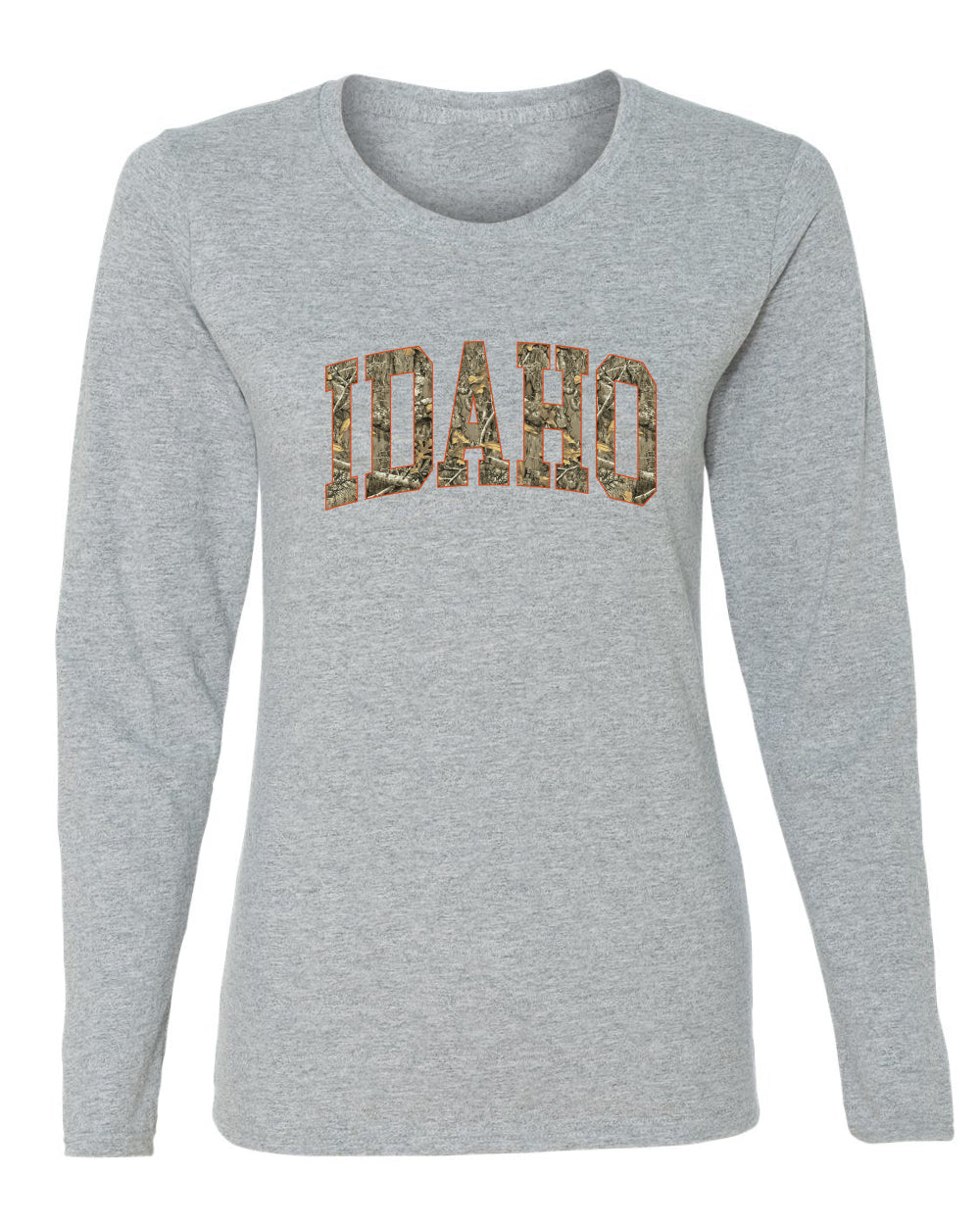 Idaho  Camo Fill Orange Outline Sweater, Womens Graphic Long Sleeve T-Shirt