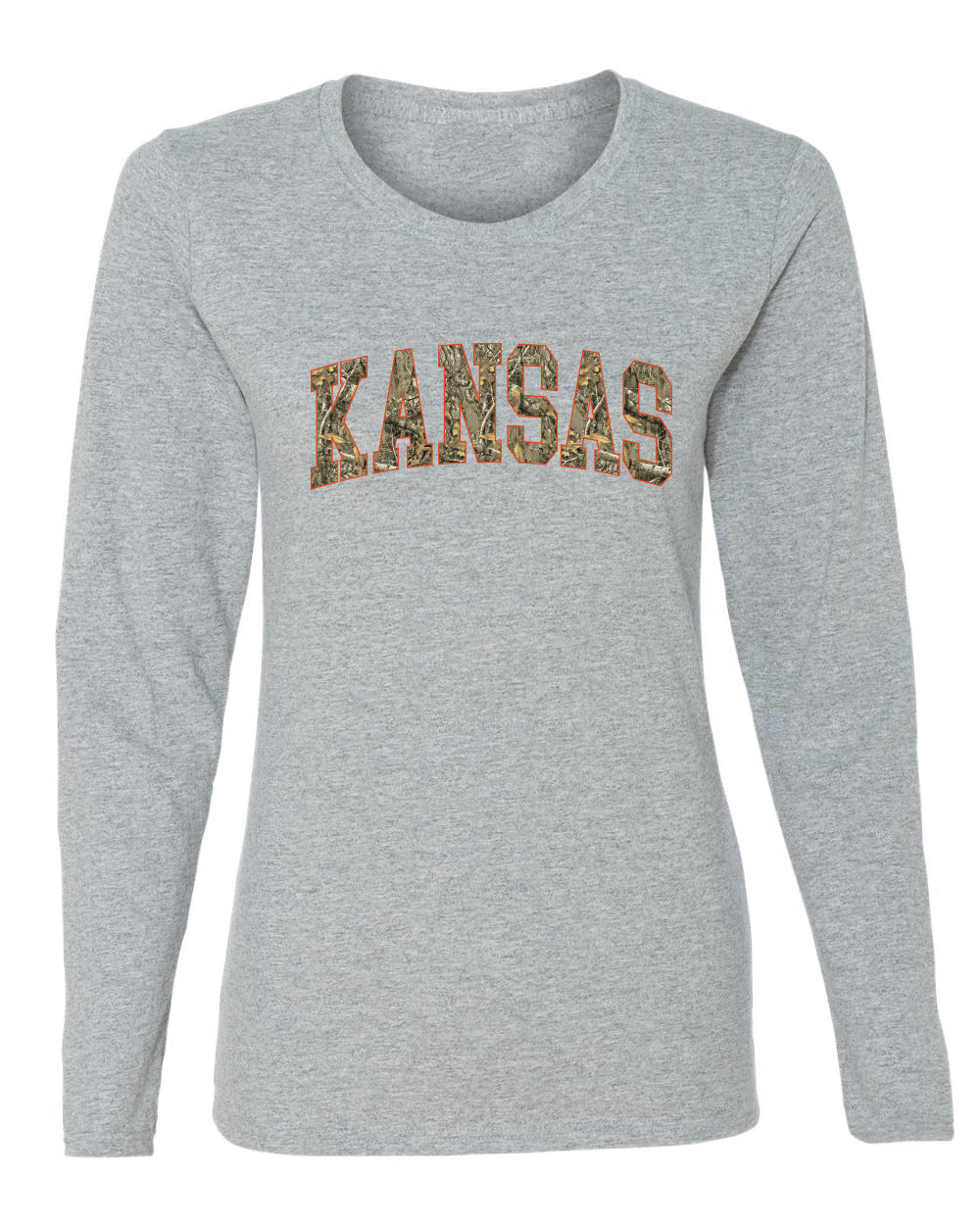Kansas  Camo Fill Orange Outline Sweater, Womens Graphic Long Sleeve T-Shirt