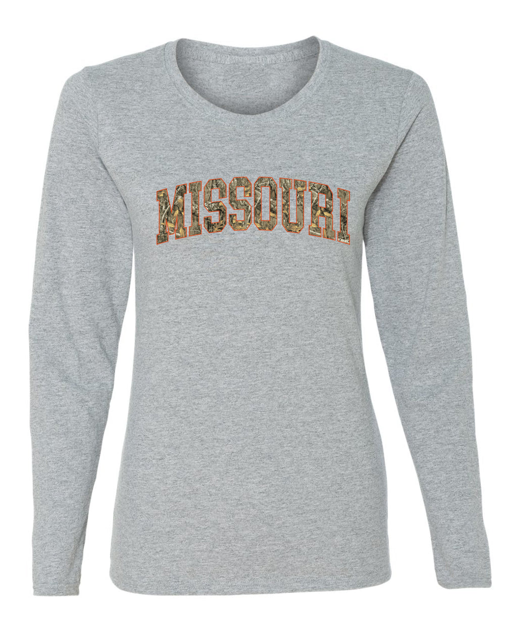Missouri Camo Fill Orange Outline Sweater, Womens Graphic Long Sleeve T-Shirt
