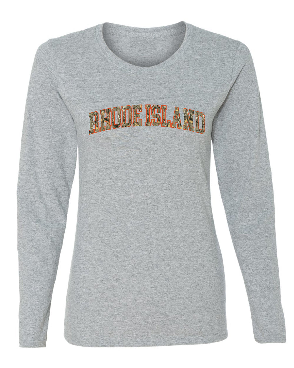 Rhode Island  Camo Fill Orange Outline Sweater, Womens Graphic Long Sleeve T-Shirt