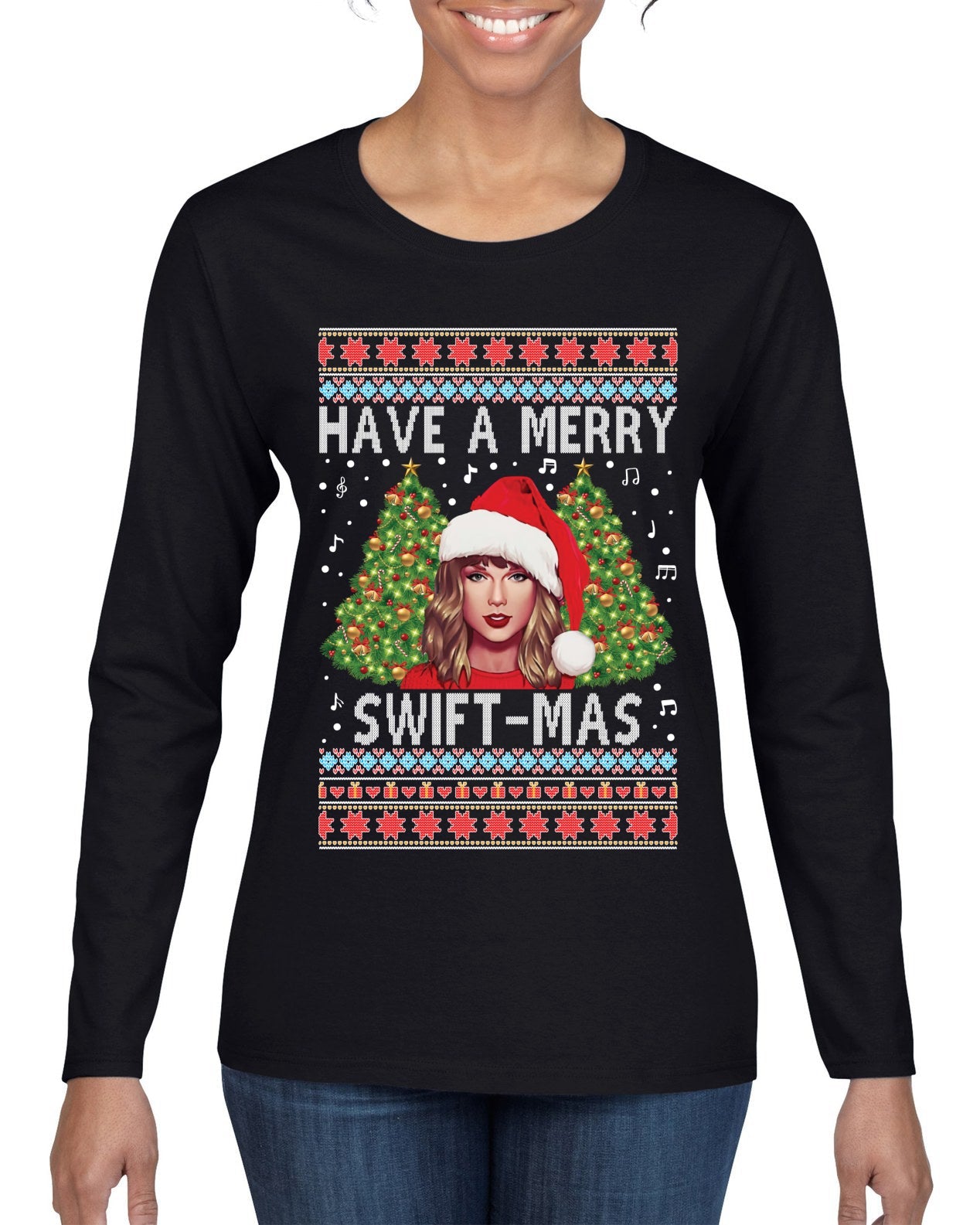 Merry Swiftmas Ugly Christmas Sweater Womens Graphic Long Sleeve T-Shirt