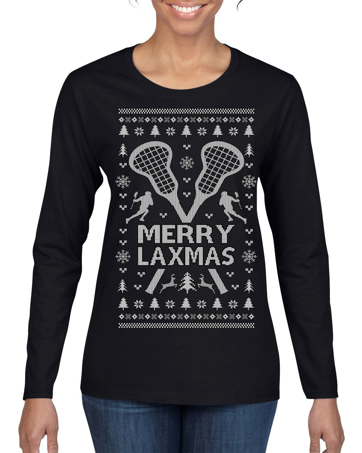 Merry Laxmas Funny Lacrosse Sports LAX Teen Sports Pun Ugly Christmas Sweater Womens Graphic Long Sleeve T-Shirt