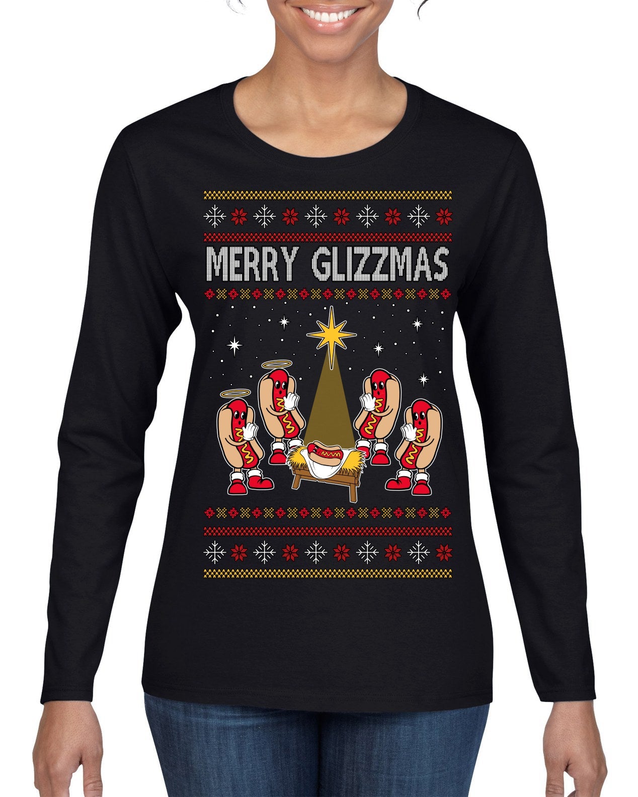 Merry Glizzmas, Funny Glizzy Hot Dog Baby Jesus Catholic Nativity, Fast Food Mustard Condiment Glizzys Humor Ugly Christmas Sweater Womens Graphic Long Sleeve T-Shirt