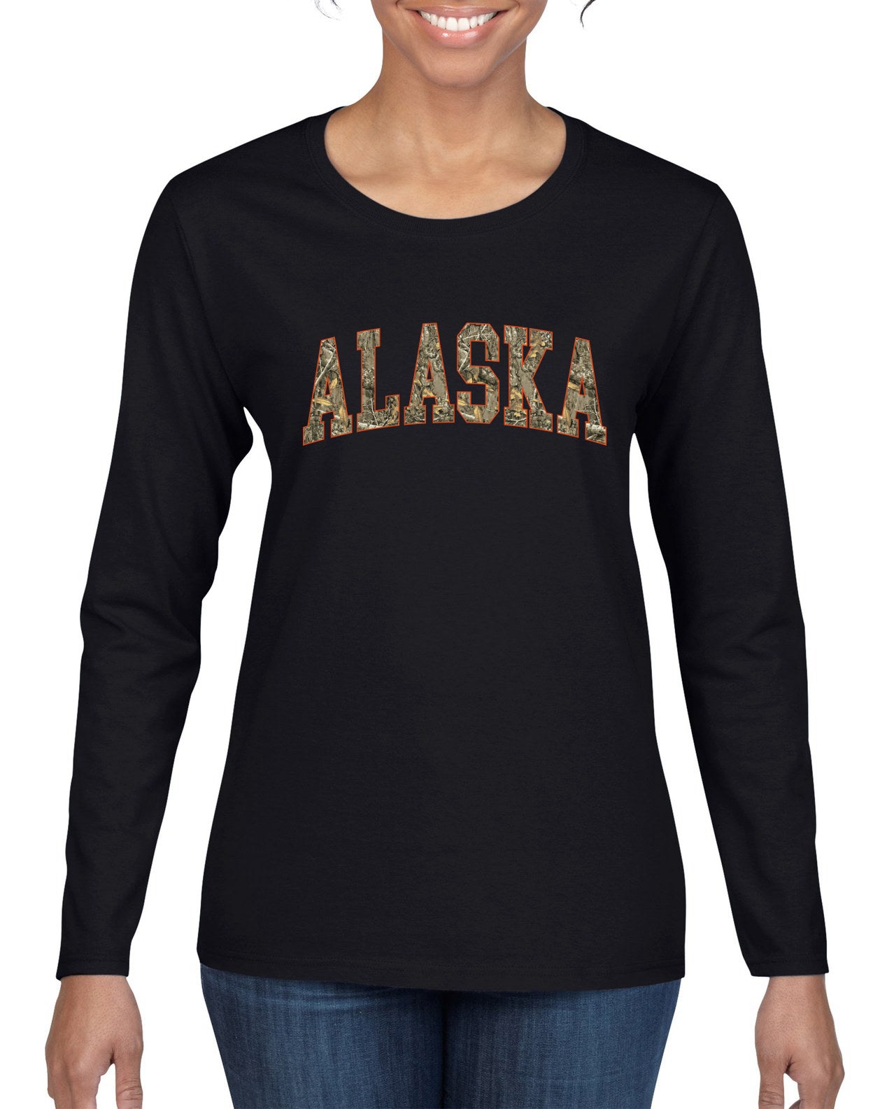 Alaska  Camo Fill Orange Outline Sweater, Womens Graphic Long Sleeve T-Shirt