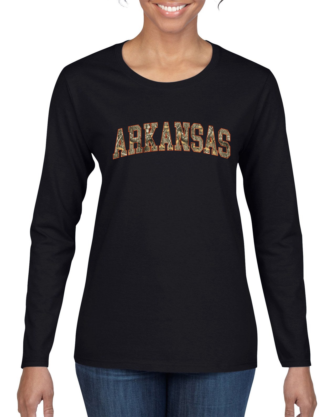 Arkansas  Camo Fill Orange Outline Sweater, Womens Graphic Long Sleeve T-Shirt