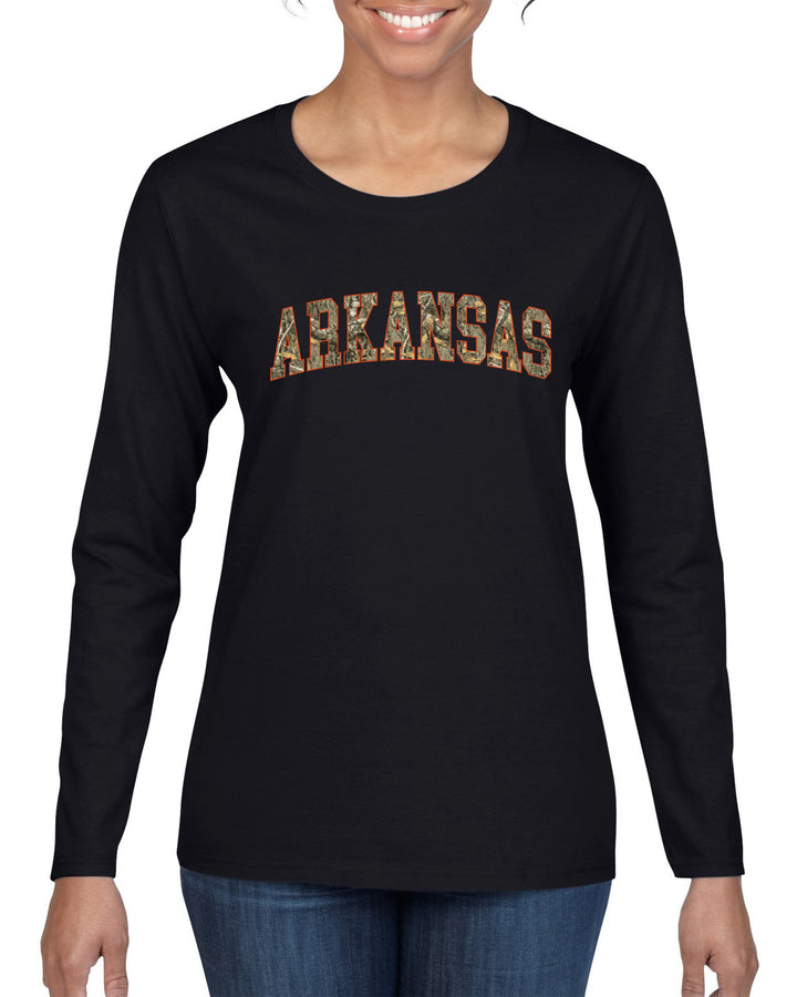 Arkansas  Camo Fill Orange Outline Sweater, Womens Graphic Long Sleeve T-Shirt