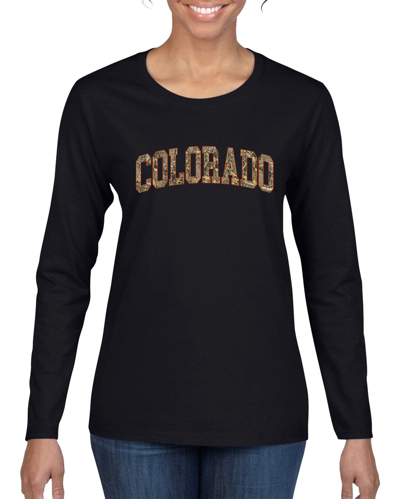 Colorado  Camo Fill Orange Outline Sweater, Womens Graphic Long Sleeve T-Shirt