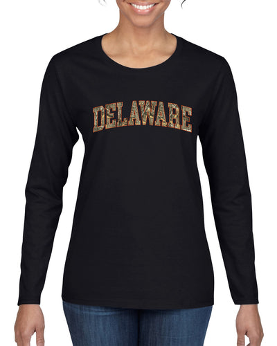 Delaware  Camo Fill Orange Outline Sweater, Womens Graphic Long Sleeve T-Shirt