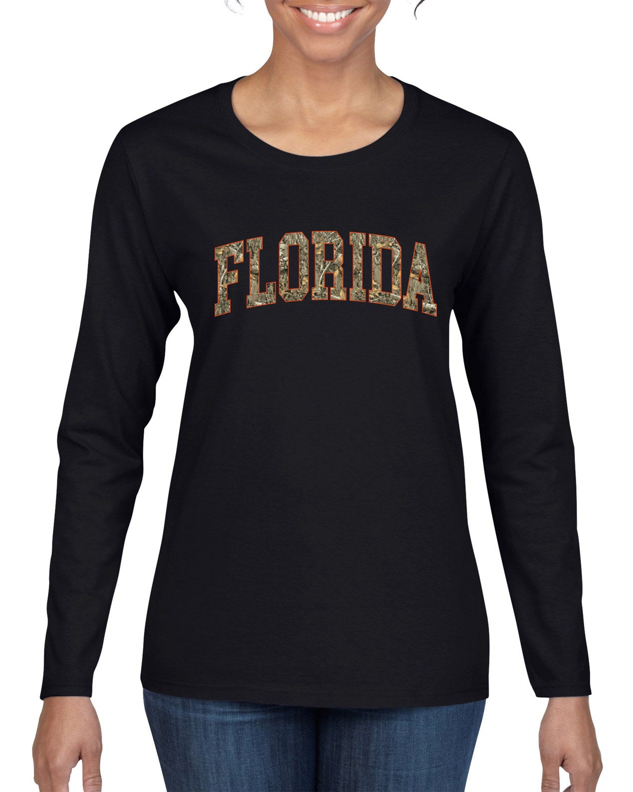 Florida  Camo Fill Orange Outline Sweater, Womens Graphic Long Sleeve T-Shirt