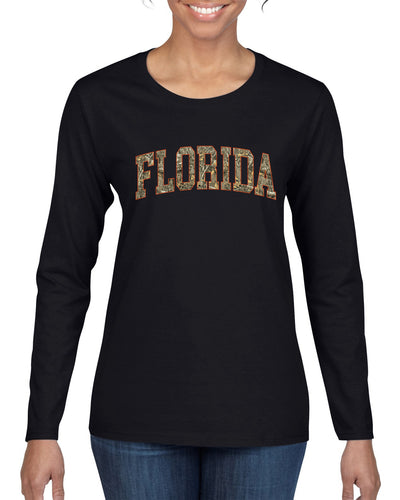 Florida  Camo Fill Orange Outline Sweater, Womens Graphic Long Sleeve T-Shirt