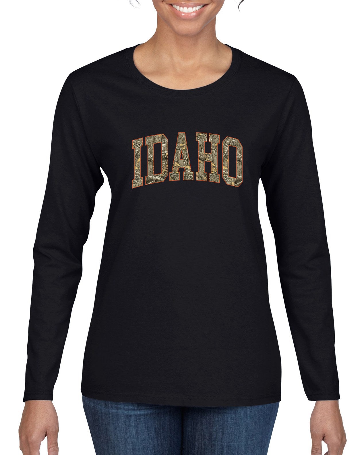 Idaho  Camo Fill Orange Outline Sweater, Womens Graphic Long Sleeve T-Shirt