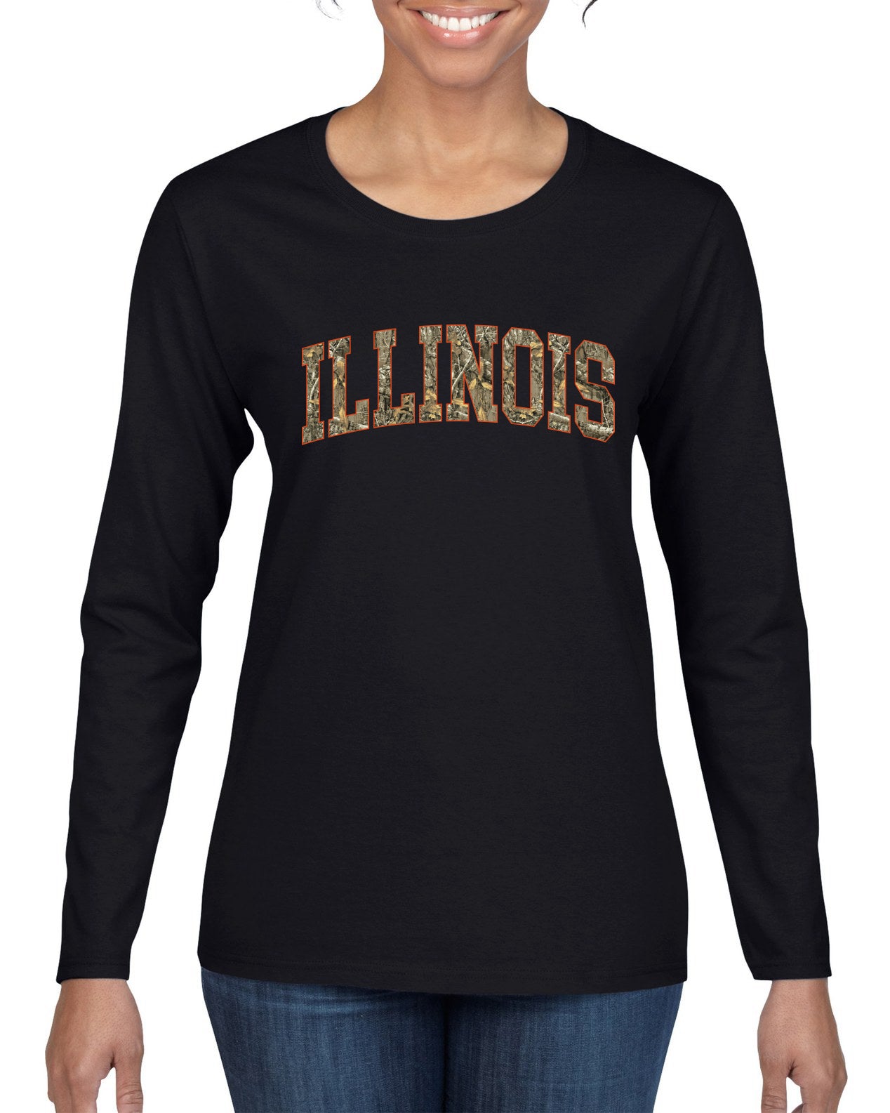 Illinois  Camo Fill Orange Outline Sweater, Womens Graphic Long Sleeve T-Shirt