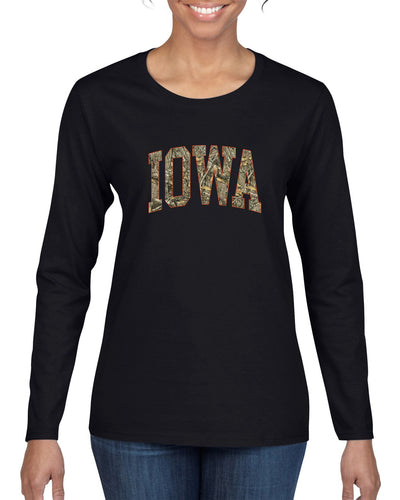 Iowa  Camo Fill Orange Outline Sweater, Womens Graphic Long Sleeve T-Shirt