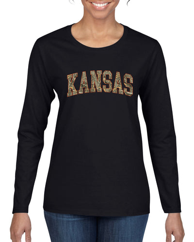 Kansas  Camo Fill Orange Outline Sweater, Womens Graphic Long Sleeve T-Shirt